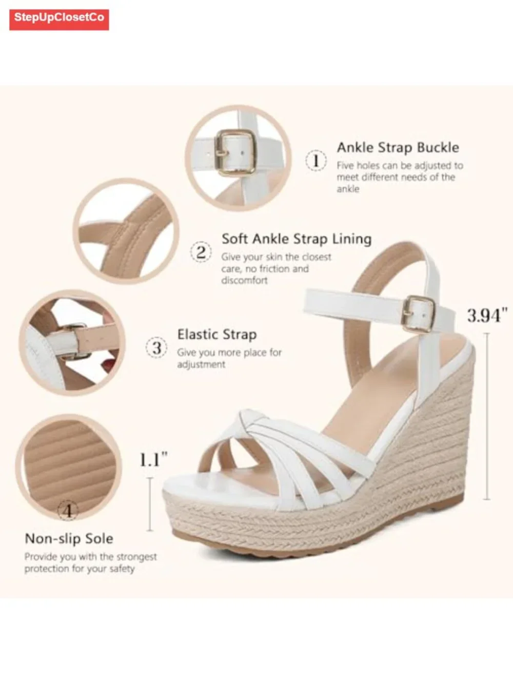 Women's Espadrille Wedge Sandals Platform Open Toe Ankle Buckle Cushioned